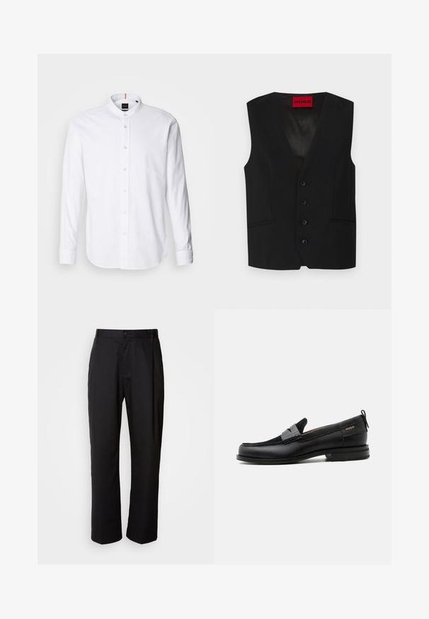 Gilet noir avec un col en V, fermeture à cinq boutons et deux poches avant. Fabriqué en tissu lisse avec un aspect élégant et ajusté.; Chemise blanche à manches longues avec col bande, boutonnière à l'avant et ourlet arrondi. Fabriquée en coton, elle présente une texture lisse et un léger éclat.; Pantalon noir à coupe droite, en tissu léger. Il dispose d'une fermeture à bouton sur le devant et de deux poches latérales ; texture lisse.; Mocassin en cuir noir avec détail de bride grise, talon bas et semelle texturée, marqué "HUGO" en or sur le côté.