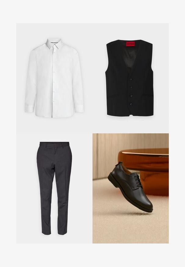 Chaleco negro con diseño de cuello en V, cierre de cinco botones y dos bolsillos frontales. Hecho de una tela suave con una apariencia elegante y entallada.; Camisa blanca de vestir de manga larga con cuello abierto y puños abotonados, mostrada de frente sobre un fondo liso gris claro.; Pantalones grises ajustados con una textura suave, corte slim y piernas entalladas, con un frente plano y lazos para cinturón como detalle adicional.; Zapato de vestir de cuero negro con cordones, posicionado flotando sobre una alfombra beige claro, mesa redonda naranja al fondo.