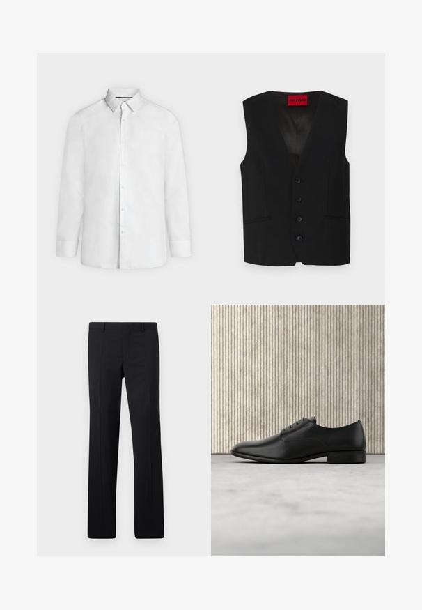 Chaleco negro con diseño de cuello en V, cierre de cinco botones y dos bolsillos frontales. Hecho de una tela suave con una apariencia elegante y entallada.; Camisa blanca de vestir de manga larga con cuello abierto y puños abotonados, mostrada de frente sobre un fondo liso gris claro.; Pantalones negros ajustados con un diseño de pierna recta, pliegues marcados y un acabado suave. Fabricados en tejido ligero con una cintura limpia.; Zapato de vestir de cuero negro con un diseño elegante, punta redonda, cinco ojales para los cordones y un pequeño tacón elevado. Detalle de logo sutilmente embossado.