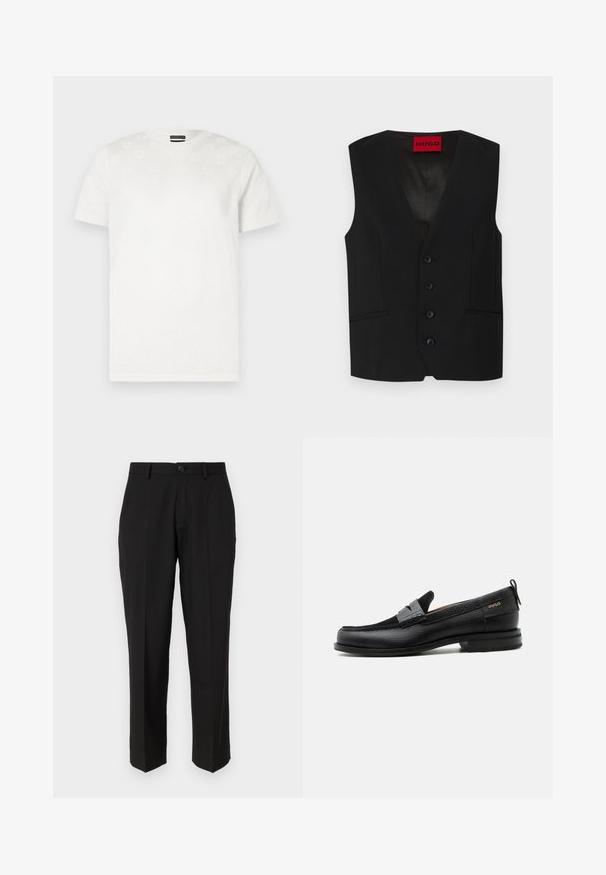 Gilet noir avec un col en V, fermeture à cinq boutons et deux poches avant. Fabriqué en tissu lisse avec un aspect élégant et ajusté.; T-shirt en coton blanc à manches courtes avec un motif texturé subtil sur le devant supérieur. Col rond, coupe standard.; Pantalon noir en tissu lisse, présentant une coupe droite, des poches avant, un bouton simple de fermeture et sans motifs visibles.; Mocassin en cuir noir avec détail de bride grise, talon bas et semelle texturée, marqué "HUGO" en or sur le côté.
