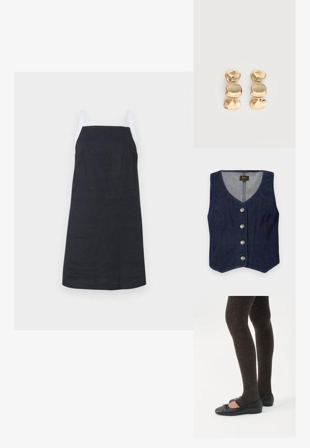 Gilet en denim foncé avec un décolleté en V, cinq boutons métalliques et une coupe ajustée. Présente un ourlet droit et une doublure intérieure en tissu plus clair.; Robe sans manches, de longueur genou, en lin foncé. Présente des bretelles blanches et un design simple. Texture lisse et coupe droite.; Jambes portant des leggings côtelés foncés associés à des ballerines noires avec de petits détails en nœud sur fond blanc.; Boucles d’oreilles pendantes ton or avec trois segments irréguliers, lisses et arrondis empilés verticalement sur un fond clair uni.