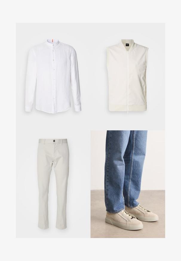 Ærmeløs hvid vest med frontlynlås, rippet krave og kant, samt et diskret logo på brystet. Lavet af et glat, let materiale.; Hvid linnedskjorte med mandarin-krave, frontknaplukning, lange ærmer og en subtil tekstur. Markant orange accent på kraven.; Beige bomuldsbukser med lige ben, forlommer, knaplukning og en glat tekstur.; BOSS GARYTENN_SDHDEL - Sneakers - natural ten
