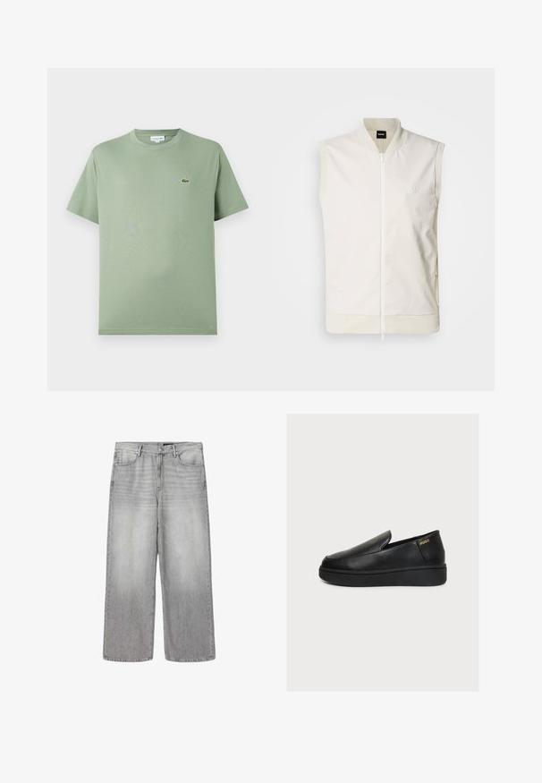 Ærmeløs hvid vest med frontlynlås, rippet krave og kant, samt et diskret logo på brystet. Lavet af et glat, let materiale.; Lysegrøn bomulds T-shirt med rund halsudskæring, korte ærmer og et lille logo på venstre bryst. Glat tekstur, standard pasform.; Lysegrå jeans med vid ben, forlommer, bæltestropper og lukning med knap og lynlås.; Sort læder slip-on platform sko med tyk sål og lille gyldent "HUGO" logo nær hælen på en ensfarvet lys baggrund.