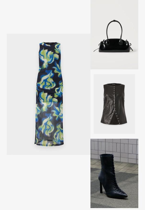 Haut sans manches en cuir synthétique noir avec encolure ronde et boutons-pression argentés sur l'ouverture avant, ourlet légèrement évasé.; Robe maxi sans manches avec corsage ajusté et jupe transparente, présentant un motif abstrait de spirales bleues, vertes et jaunes sur fond noir.; Bottine noire en cuir à talon haut avec lacets à l'avant, bout pointu, posée sur l'asphalte près d'un mur carrelé.; Petit sac à main noir brillant avec deux longues anses et des détails à cordon sur les côtés sur un fond clair uni.