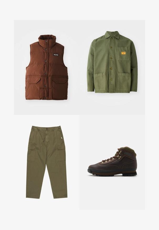 Braune Steppweste mit hohem Kragen, Druckknöpfen und zwei vorderen Taschen. Hergestellt aus gestepptem Stoff für Isolierung. Markenlogo auf der Brust angebracht.; Olivgrüne Jacke aus schwerem Baumwollmaterial, mit spitzem Kragen, Knöpfen auf der Vorderseite und zwei großen aufgesetzten Taschen. Mit einem kleinen Logo-Patch versehen.; Olivgrüne Cargo-Hose aus Baumwolle mit Knopfverschluss, seitlichen Taschen und zwei großen Cargo-Taschen an den Oberschenkeln.; Brauner Leder-Wanderschuh mit grünem Stoffkragen. Besitzt Metall-Schnürhaken, Gummisohle und strukturiertes Profil für besseren Halt.