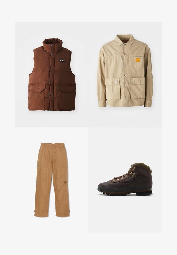 Bruine puffer vest met hoge kraag, drukknoopsluiting en twee voorkeurszakken. Gemaakt van gevoerd materiaal voor isolatie. Merkenlogo op de borst.; Replay Inc. SHIRT - Overhemd - khaki; Khaki werkbroek, gemaakt van duurzaam materiaal, heeft meerdere zakken, een knoopsluiting en een geborduurd logo op de dij.; Bruine leren wandelschoen met groene stoffen rand. Voorzien van metalen vetershaken, rubberen zool en een gestructureerd profiel voor grip.