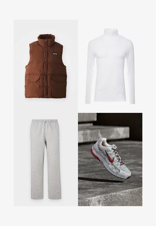 Braune Steppweste mit hohem Kragen, Druckknöpfen und zwei vorderen Taschen. Hergestellt aus gestepptem Stoff für Isolierung. Markenlogo auf der Brust angebracht.; Weißes Langarm-Turtleneck-Shirt aus weichem, dehnbarem Stoff. Verfügt über einen hohen Kragen und eine figurbetonte Passform, die eine schlanke Silhouette bietet.; Graue Jogginghosen mit einem elastischen Bund und Kordelzug. Hergestellt aus weichem Stoff, zeichnen sie sich durch gerade Beine und ein dezentes Logodetail aus.; Weißer und grauer Nike-Laufschuh mit roten Akzenten und schwarzen Schnürsenkeln, schwebend über grauen Betonstufen.