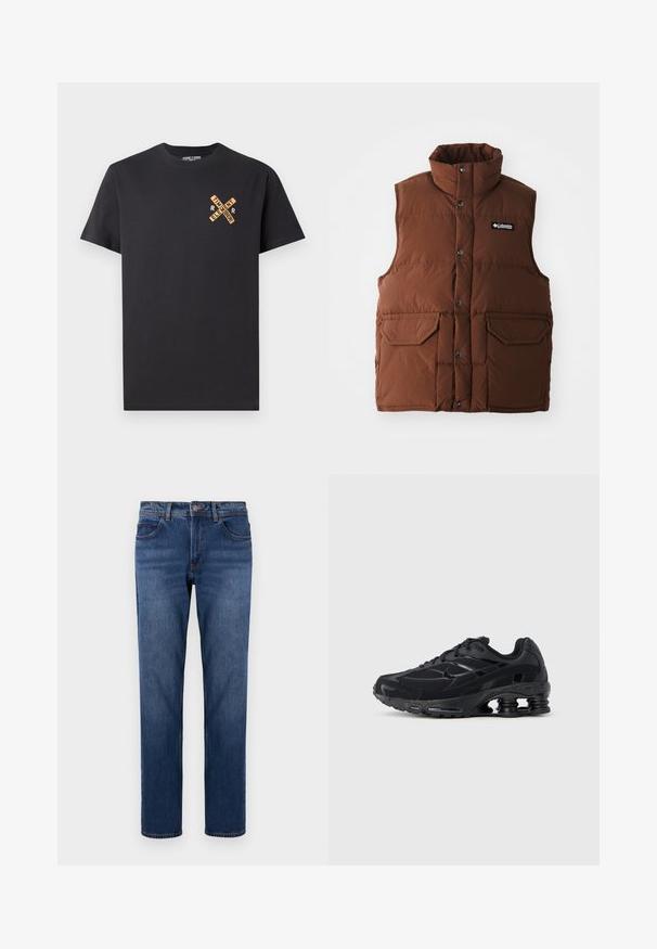 Braune Steppweste mit hohem Kragen, Druckknöpfen und zwei vorderen Taschen. Hergestellt aus gestepptem Stoff für Isolierung. Markenlogo auf der Brust angebracht.; Schwarzes Baumwoll-T-Shirt mit einem grafischen Design in Orange, das die Worte "ELEMENT" und "REMEMBER" in einem Kreuzmuster auf der Brust zeigt.; Dunkelblaue Denim-Jeans mit schmalem Schnitt, fünf Taschen und kontrastierenden Nähten. Mit einem Knopf- und Reißverschlussabschluss ausgestattet.; Schwarzer Sportschuh mit Obermaterial aus Mesh, gepolstertem Kragen und hervorgehobener Dämpfungstechnologie an der Ferse. Verfügt über strukturierte Akzente und Schnürsenkel.