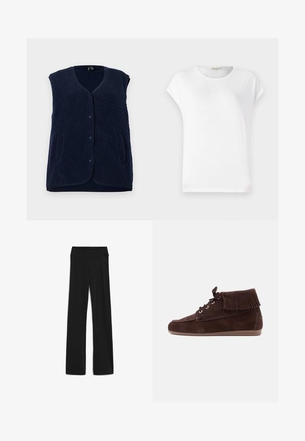 Marineblaues ärmelloses Fleece-Weste mit Druckknopfverschluss und zwei Vordertaschen, flach auf einem weißen Hintergrund liegend.; Weißes T-Shirt mit kurzen Ärmeln und rundem Halsausschnitt, weicher Textur und einem schlichten Design. Klare Linien mit einer lässigen Passform.; Schwarze, figurbetonte Yogahosen mit einem breiten Bund, aus dehnbarem Stoff, mit geradem Bein Schnitt und ohne nennenswerte Muster oder Akzente.; Dunkelbrauner Wildleder-Stiefelette mit Fransen am Kragen, Schnürung vorne und flacher Gummisohle, seitlich dargestellt.