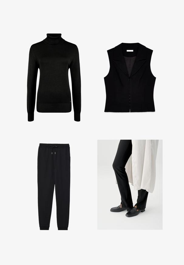 Chaleco negro sin mangas con un collar afilado, diseño ajustado, cierre frontal de cremallera y textura de tela suave. Sin patrones ni acentos visibles.; Jersey negro de manga larga con cuello alto, puños y dobladillo acanalados, mostrado sobre un fondo blanco.; Pantalones jogger negros de tela suave, con cintura elástica y cordón ajustable, bolsillos laterales y tobillos ajustados.; Mocasines negros de cuero con punta cuadrada y tacón bajo de bloque, combinados con pantalones negros ajustados y una capa exterior blanca y fluida.
