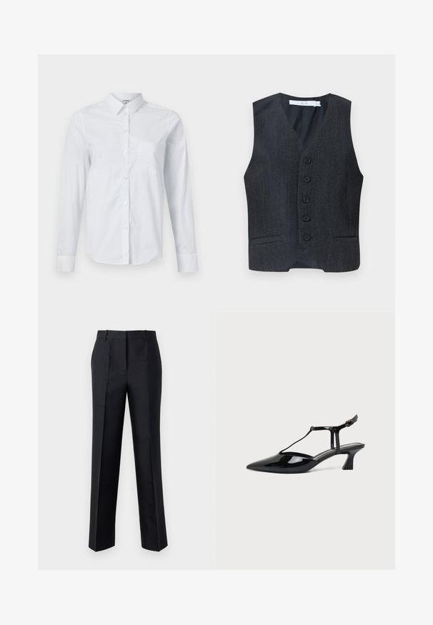 Donkergrijze wollen gilet met een notch revers, vijf zwarte knopen en twee voorzakken. Gladde binnenvoering en een getailleerde pasvorm.; Witte longsleeve overhemd van katoen, met kraag, knoopsluiting aan de voorkant en een borstzak. Gladde textuur. Geen patronen.; Zwarte broeken met een rechte pijp, gladde textuur en een verborgen ritssluiting. Beschikt over plooien voor extra stijl en een geklede uitstraling.; Zwarte pumps van lakleer met spits toelopende neus, T-strap en lage schuine blokhak op witte achtergrond.