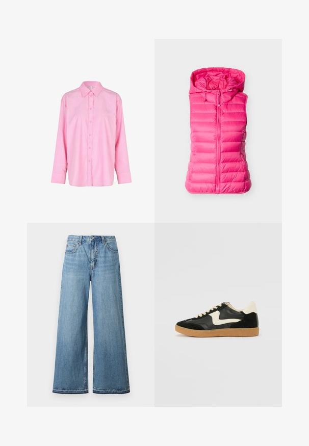 Chaleco acolchado rosa con capucha, cremallera frontal, textura acolchada y cordón ajustable. Diseño ligero y sin mangas.; Camisa de botones de manga larga rosa con cuello, que presenta un corte clásico, textura suave y cierre frontal de botones.; Jeans de mezclilla azul claro de cintura alta con piernas anchas, cierre frontal con botones y cremallera, y diseño de cinco bolsillos.; Zapatillas de deporte de ante y cuero negro con un swoosh lateral en crema y un talón en crema claro. Presenta cordones beige y una suela de goma marrón.
