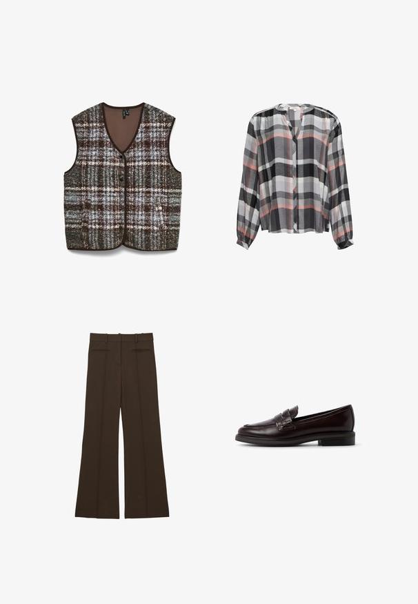 Veste sans manches en laine avec un motif à carreaux marron, bleu et blanc, col en V et boutons-pression à l'avant, présentée sur un fond blanc.; Blouse à carreaux noir, gris et blanc avec des manches longues, un devant à boutons et un col en V légèrement ouvert. Tissu léger avec une texture douce.; Reiss REGULAR FIT - CLAUDE HIGH RISE FLARED - Pantalon classique - chocolate brown; Mocassin en cuir marron avec une finition lisse, présentant une bande surélevée cousue sur le devant et un petit talon. Design simple, forme classique.