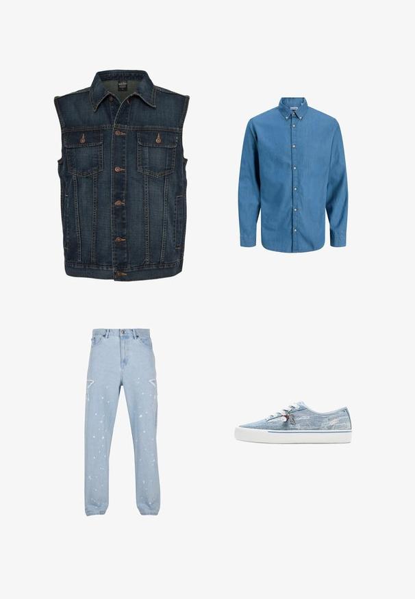 Denimvest med en mørkeblå farve, der har en knaplukning foran, to brystlommer og en klassisk krave. Tekstureret stof med synlige sømme.; Blå skjorte med knapper, lavet af denim, med krave og lange ærmer. Ensartet tekstur med synlige knapper ned ad fronten.; Lysblå denim jeans med en afslappet pasform, der har stjerneformede udsparinger, malersplatter og et klassisk fem-lomme-design.; Lavtopet sneaker i lyseblåt denim med hvid gummisål, hvide snørebånd og dekorative charms, der hænger fra de sideplacerede snørehuller.
