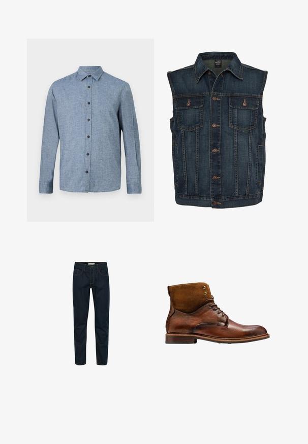 Veste en denim de couleur bleu foncé, dotée d'une fermeture à boutons sur le devant, de deux poches poitrine et d'un col classique. Tissu texturé avec des coutures visibles.; Chemise à manches longues en tissu bleu clair avec un tissage texturé, dotée d'un col et de six boutons marron foncé sur le devant.; Jean en denim bleu foncé avec une coupe slim, design à cinq poches, coutures jaunes contrastantes et une texture lisse. Style simple et fonctionnel.; Kazar ALID - Bottines à lacets - brown