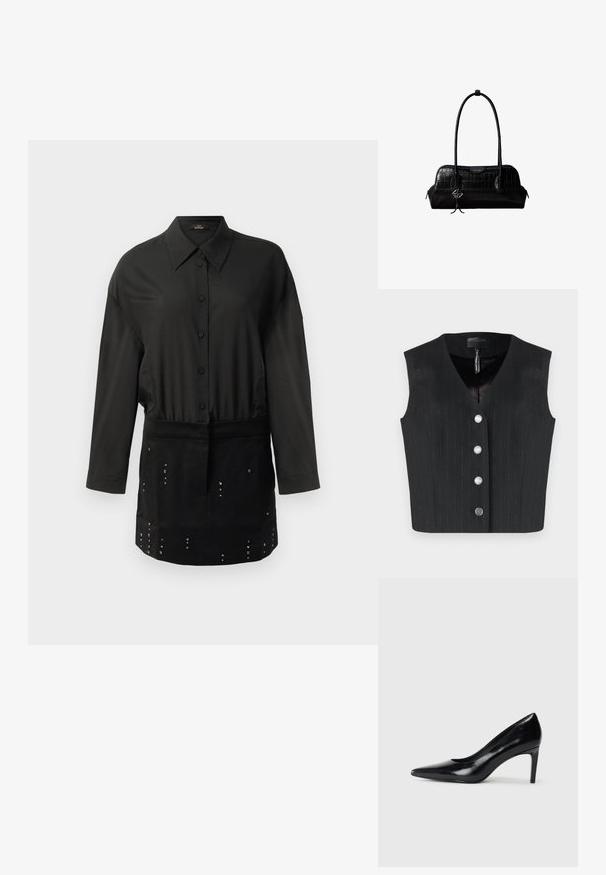 Sort vest med stribet mønster, V-halsdesign, fem knapper foran og en glat inderside. Fremstillet af tekstureret stof.; Sort langærmet skjorte med knaplukning og spids krave samt et nitterdesign på den nedre forreste panel.; Sort læder højhælede sko med spids tå, glat tekstur og en taperet hæl. Minimalistisk design uden yderligere udsmykninger.; Sort skuldertaske i krokodillelæder med lange stropper og lille sølvlogo-charm på den ene strop.