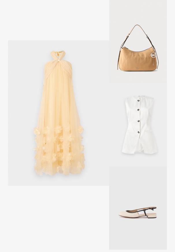 Weißer ärmelloser taillierter Weste mit vier schwarzen Knöpfen auf der Vorderseite und zwei horizontalen Eingrifftaschen auf weißem Hintergrund.; Maxikleid aus transparentem, blassgelbem Stoff mit einem geknoteten Halsband und floralen Applikationen am Saum, das eine fließende Silhouette schafft.; Lederslingback-Schuh mit beigem Vorderteil, schwarzem Besatz und kleinem Blockabsatz. Verfügt über einen offenen Rücken und ein Cut-out-Design.; Schultertasche aus hellbraunem Leder mit verstellbarem Riemen, silbernem Reißverschluss und rundem Metallanhänger mit MK-Logo an der Seite.