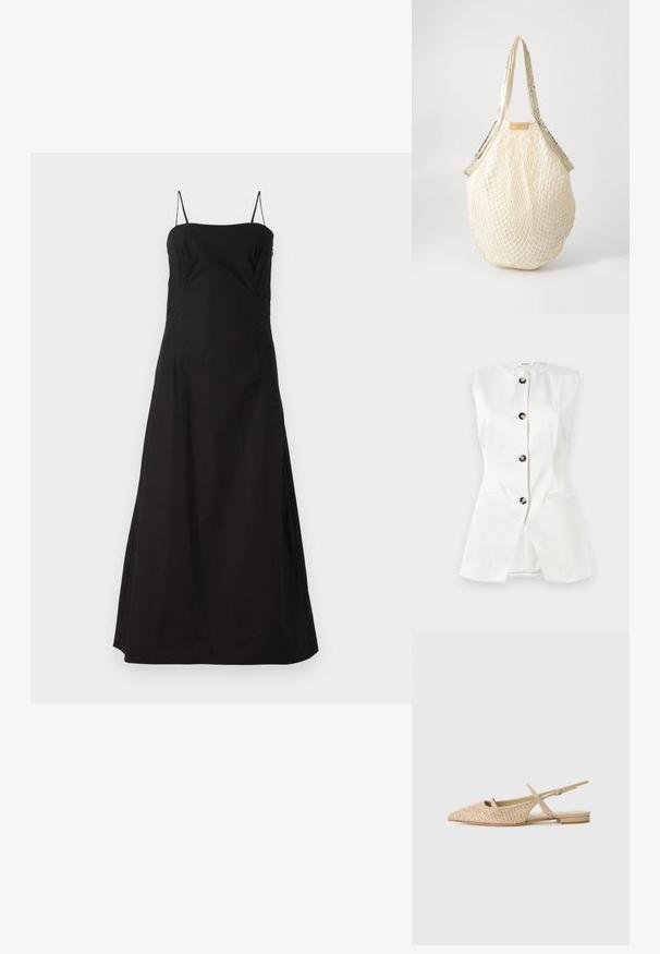 Weißer ärmelloser taillierter Weste mit vier schwarzen Knöpfen auf der Vorderseite und zwei horizontalen Eingrifftaschen auf weißem Hintergrund.; Faithfull the brand OSTANO DRESS - Maxikleid - black; Alexandre Birman TITA - Sling-Ballerina - cookie; Cremfarbener Netzbeutel mit einem strukturierten, gewebten Design und glänzenden, goldfarbenen Trägern. Ein Lederetikett mit dem Markenlogo ist oben befestigt.