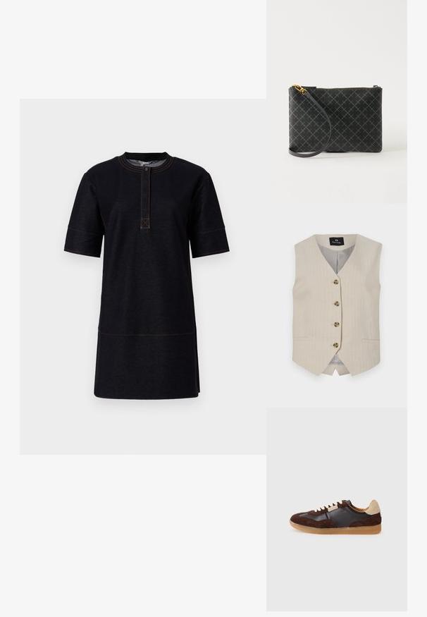 Beige stribet vest med V-udskæring, fem brune knapper, to lommer og en glat inderside. Brandemærket er synligt ved kraven.; Sort kortærmet kjole lavet af denimstof, med rund halsudskæring, knaplukning og kontrasterende orange stikninger.; Sko i en blanding af mørkebrun ruskind og glat sort læder, med cremede snørebånd og en tan-farvet gummisål. Lys tan accent ved hælen.; Sort håndledsclutch med gråt diamantmønster, gylden lynlås og aftagelig rem på ensfarvet lys baggrund.