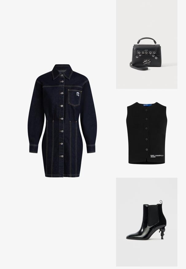 Must tumeel kooted vest, millel on ümar kaelus, kuus nööbi sulgemist ja valges õmmeldud "KARL LAGERFELD JEANS" alumisel vasakul küljel.; Tume denimist särgimek, millel on kraega kaelus, nööbid ees ja pikad varrukad. Omab rinna taskut ja kollaseid õmblusaktsente.; Mustast lakknahast pahkluu saabas elastsete külgpaneelidega, terava varba ja ainulaadse skulptuurse kontsaga, millel on väike figuur.; Mustast nahast käekott pealmise sangaga, metallist silmaauguga rihma detail, hõbedase metallist logomärgiga ja eemaldatava õlarihmaga valgel taustal.