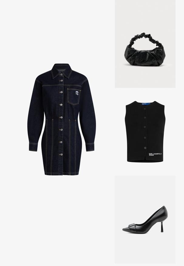 Must tumeel kooted vest, millel on ümar kaelus, kuus nööbi sulgemist ja valges õmmeldud "KARL LAGERFELD JEANS" alumisel vasakul küljel.; Tume denimist särgimek, millel on kraega kaelus, nööbid ees ja pikad varrukad. Omab rinna taskut ja kollaseid õmblusaktsente.; Must nahast kõrge kontsaga king, millel on terav nina ja esipaneelil dekoratiivne pannal, esitatud külgvaates valgel taustal.; Mustast tekstuuriga nahast käekott kokkupandava elastse sangaga ja peene "Karl Lagerfeld Jeans" logoga esiküljel alumises keskel.
