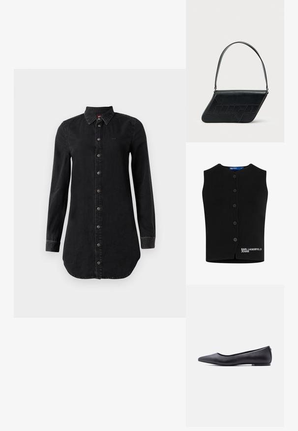 Sort strikket vest med rund halsudskæring, seks knaplukninger og "KARL LAGERFELD JEANS" broderet i hvidt nederst til venstre.; Sort denim skjortekjole med lange ærmer, knaplukning foran og spidse krave, let buet kant og syede manchetter.; Sort flad lædersko med spidst tåparti og lav hæl, vist i sideprofil mod en hvid baggrund.; Sort skuldertaske i læder med trekantet form, præget logo og en enkelt justerbar rem. Minimalistisk design med glat tekstur.