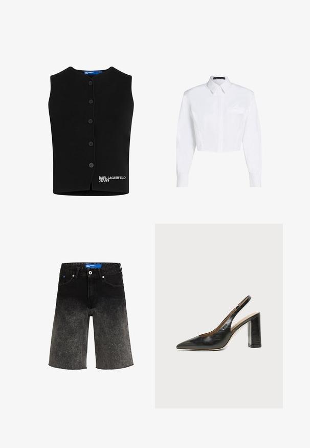 Schwarze Strickweste mit rundem Ausschnitt, sechs Knopfverschlüssen und "KARL LAGERFELD JEANS" in Weiß auf der linken unteren Seite gestickt.; Weißes, kurz geschnittenes Hemd aus glatter Baumwolle mit spitzem Kragen, langen Ärmeln und einem dezenten Taschen-Detail auf der linken Seite.; Schwarze Denim-Shorts mit einem Farbverlauf von dunkel zu hell. Mit einem ausgefransten Saum, zwei vorderen Taschen und einem blauen Markenlabel am Bund.; Schwarzer Leder-Slingback-Schuh mit spitzer Kappe, hohem Blockabsatz und beigegefüttertem Innenraum vor hellem, einfarbigem Hintergrund.