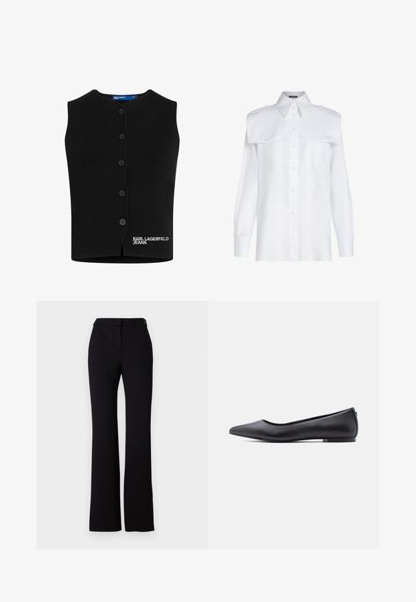 Sort strikket vest med rund halsudskæring, seks knaplukninger og "KARL LAGERFELD JEANS" broderet i hvidt nederst til venstre.; Hvid skjorte med knapper, struktureret krave og oversize klapdetalje. Har to brystlommer og lange ærmer med manchetknapper.; Sorte bukser med lige snit, glat tekstur og en talje med en enkelt knaplukning. Ingen synlige mønstre eller accenter.; Sort flad lædersko med spidst tåparti og lav hæl, vist i sideprofil mod en hvid baggrund.