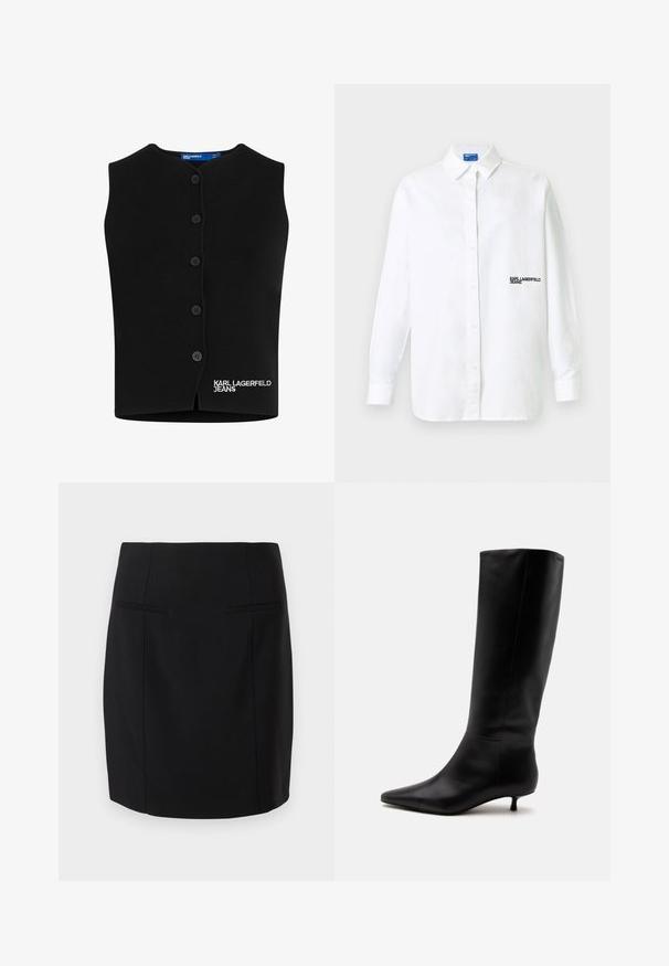Gilet en tricot noir avec un col rond, six boutons de fermeture, et "KARL LAGERFELD JEANS" brodé en blanc en bas à gauche.; Chemise blanche à manches longues avec col et logo texte noir "KARL LAGERFELD JEANS" sur le côté gauche de la poitrine.; Jupe crayon noire en tissu lisse, dotée d'un design cintré, de deux poches avant et d'un ourlet au niveau des genoux.; Botte noire en cuir jusqu'au genou avec bout pointu et petit talon kitten sur un fond clair uni.