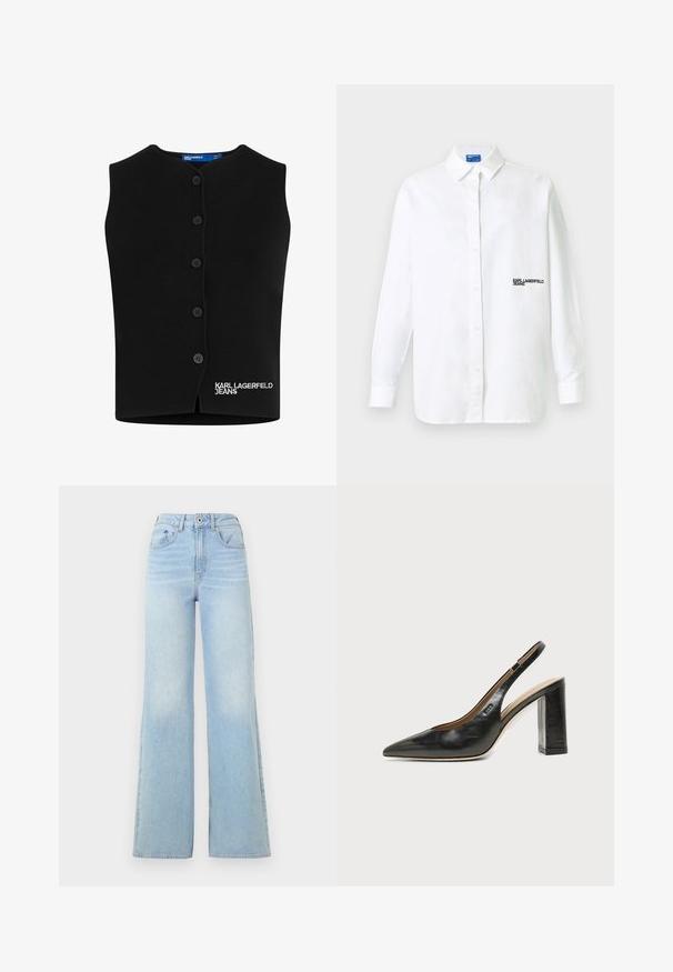 Čierny pletený sveter s oblečeným výstrihom, šiestimi gombíkmi a vyšitým nápisom "KARL LAGERFELD JEANS" v bielej farbe na dolnom ľavom rohu.; Biela košeľa s dlhými rukávmi na zapínanie na gombíky, s golierom a čiernym textovým logom "KARL LAGERFELD JEANS" na ľavej strane hrude.; Svetlomodré džíny s vysokým pásom a širokou nohavicou. Obsahujú päť vreciek a zapínanie na gombík, vyrobené z denimovej látky s jemným vyšúchaním.; Čierna kožená slingback obuv s špicatou špičkou, vysokým hrubým podpätkom a béžovou vnútornou podšívkou na svetlom jednofarebnom pozadí.