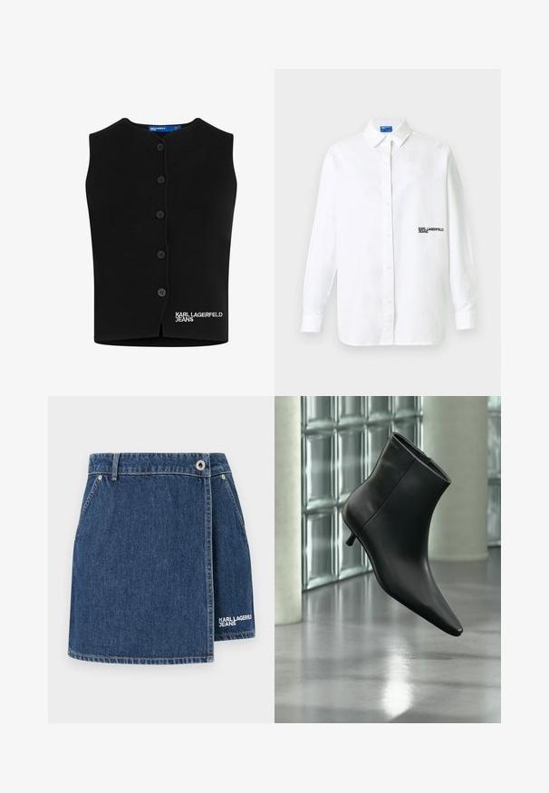 Čierny pletený sveter s oblečeným výstrihom, šiestimi gombíkmi a vyšitým nápisom "KARL LAGERFELD JEANS" v bielej farbe na dolnom ľavom rohu.; Biela košeľa s dlhými rukávmi na zapínanie na gombíky, s golierom a čiernym textovým logom "KARL LAGERFELD JEANS" na ľavej strane hrude.; Džínová sukňa v tmavomodrej farbe s dizajnom na preklopenie, striebornými doplnkami a bielou výšivkou loga "KARL LAGERFELD JEANS" na leme.; Čierna kožená členková čižma so špicatou špičkou a nízkym kitten podpätkom, zobrazená šikmo na pozadí leštenej podlahy a steny zo sklenených blokov.