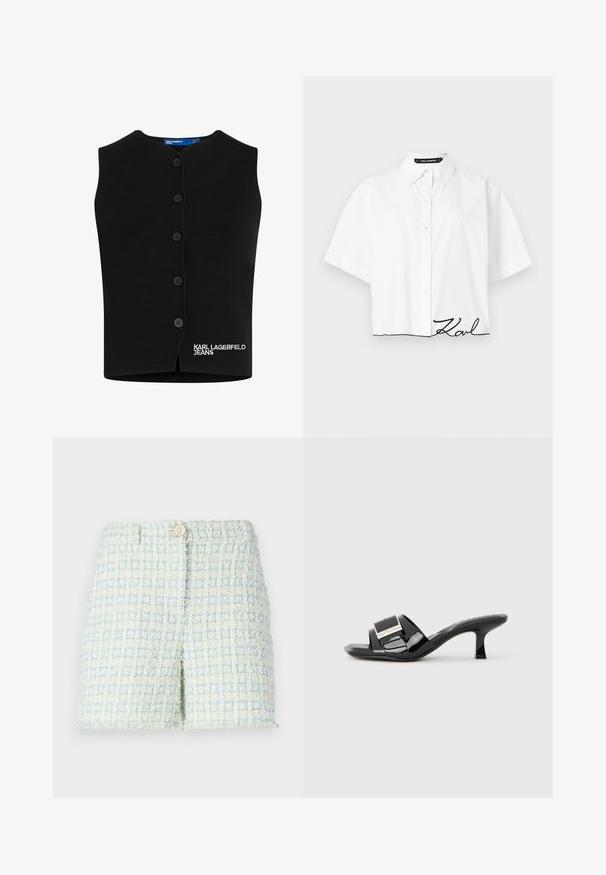 Sort strikket vest med rund halsudskæring, seks knaplukninger og "KARL LAGERFELD JEANS" broderet i hvidt nederst til venstre.; Hvid kortærmet skjorte med knapper og krave samt sort "Karl"-signatur broderet nær den nederste kant på en ensfarvet baggrund.; Tweed shorts i lyseblå og bleg gul med et struktureret rutemønster. Har en frontknaplukning og en skræddersyet pasform.; Sorte mules i laklæder med åben tå, brede remme, metallisk detalje og lav firkantet hæl. Glat tekstur med en blank finish.