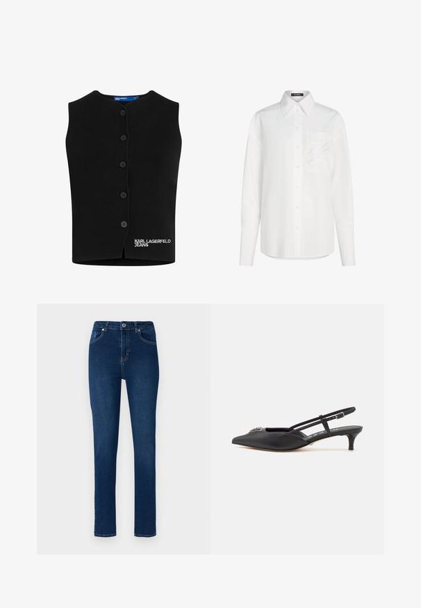 Mustassa neuleliivissä on pyöreä pääntie, kuusi nappisuljenta ja alhaalla vasemmalla valkoisella brodeerattu "KARL LAGERFELD JEANS".; Valkoinen pitkähihainen nappipaita, jossa on terävä kaulus ja rintatasku, jonka pinnassa on hillitty kirjailtu koriste.; Tummansiniset farkut, joissa on kapea malli. Ominaisuuksiin kuuluvat napillinen vyötärö, viisi taskua ja vähäiset ompeluyksityiskohdat.; Mustat slingback-kengät, joissa on terävä kärki, valmistettu sileästä materiaalista, pieni korko ja koristeellinen hopeinen yksityiskohta kengän päällä.