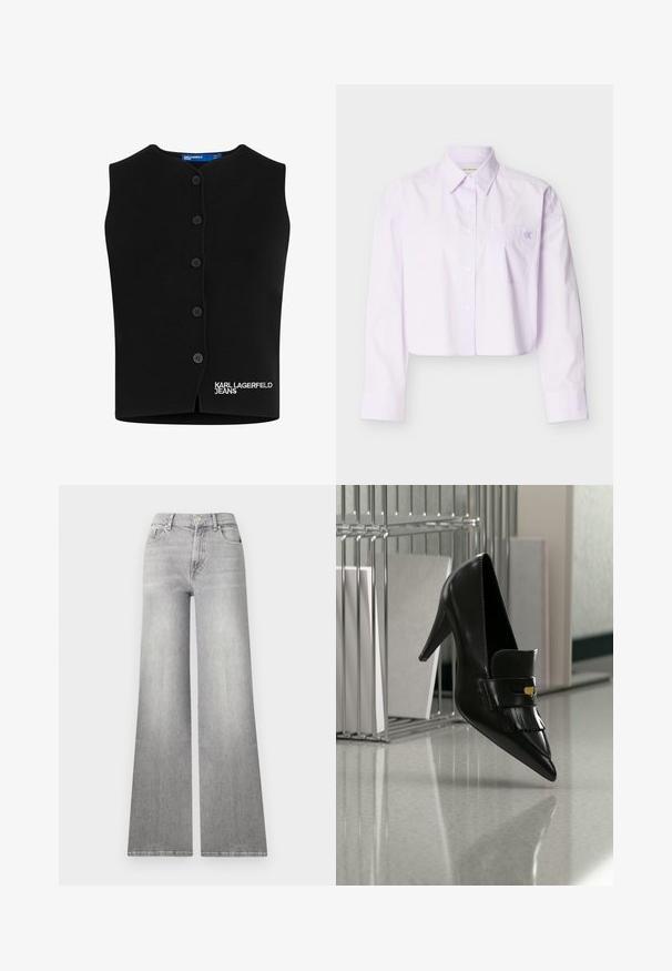 Čierny pletený sveter s oblečeným výstrihom, šiestimi gombíkmi a vyšitým nápisom "KARL LAGERFELD JEANS" v bielej farbe na dolnom ľavom rohu.; Orezaná levanduľová košeľa na gombíky s dlhými rukávmi, špicatým golierom, náprsným vreckom a jemnou výšivkou s logom na vrecku.; Svetlošedé džínsy s voľnými nohavicami a vyblednutým vzhľadom, predná vrecko a zapínanie na gombík. Má rovný strih nohavíc a klasický lem.; Čierna kožená vysoká podpätková obuv s špicatou špičkou a dekoratívnymi strapcami vznášajúca sa nad lesklou podlahou pri kovovom regáli s dokumentmi.