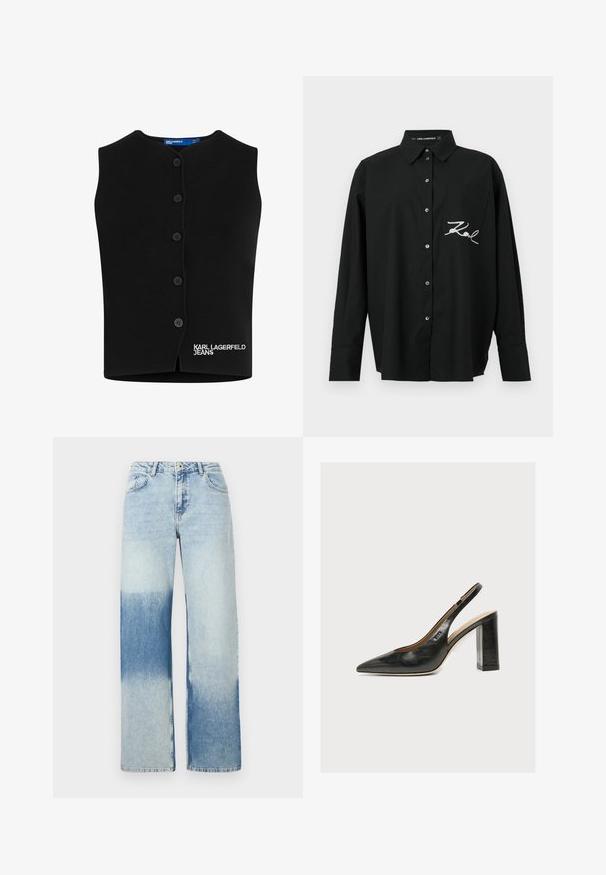 Must tumeel kooted vest, millel on ümar kaelus, kuus nööbi sulgemist ja valges õmmeldud "KARL LAGERFELD JEANS" alumisel vasakul küljel.; Must musta särk pikkade varrukatega, rinna tasku ja vasakul küljel tikandiga valge logo, valmistatud siledast kangast.; Heledad sinine teksade disain, millel on lai jalg, millel on värvide gradient heledast tumedani siniseks, viis_taskut ja nupuga kinniti.; Mustast nahast naiste slingback-kingad terava varba ja paksu kõrge plokk-kontsaga valgel taustal.
