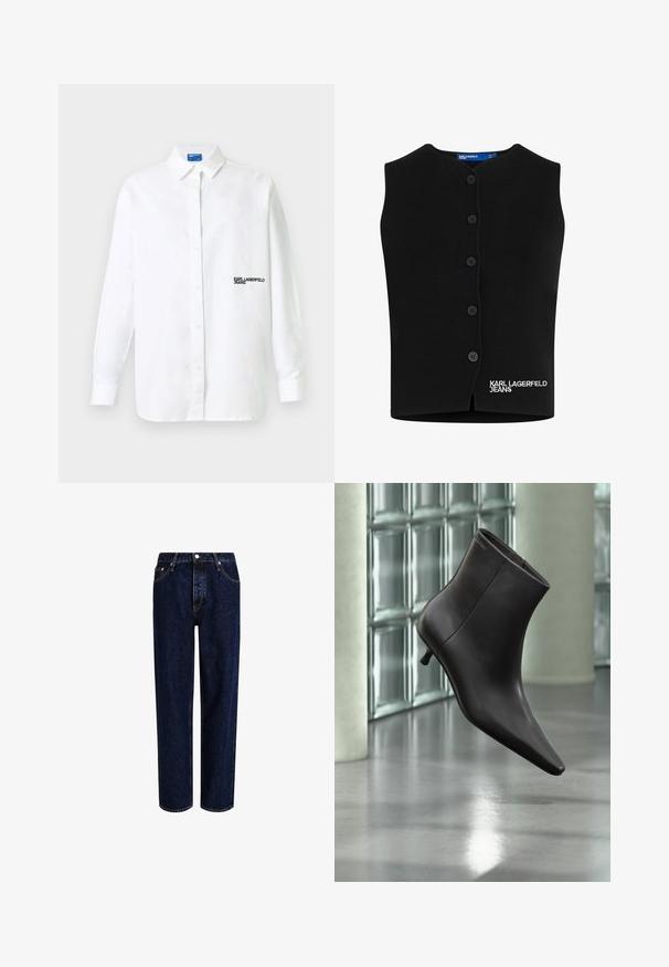 Schwarze Strickweste mit rundem Ausschnitt, sechs Knopfverschlüssen und "KARL LAGERFELD JEANS" in Weiß auf der linken unteren Seite gestickt.; Weißes Hemd mit langen Ärmeln, Knopfleiste und Kragen sowie schwarzem "KARL LAGERFELD JEANS"-Schriftzug auf der linken Brust.; Dunkelblaue Denim-Jeans mit geradem Bein, hoher Taille, fünf Taschen und kontrastierenden Nähten. Ohne Verzierungen.; Schwarzer Leder-Knöchelstiefel mit spitzer Spitze und kleinem Absatz vor einer Wand aus Glasbausteinen und einem polierten Boden.