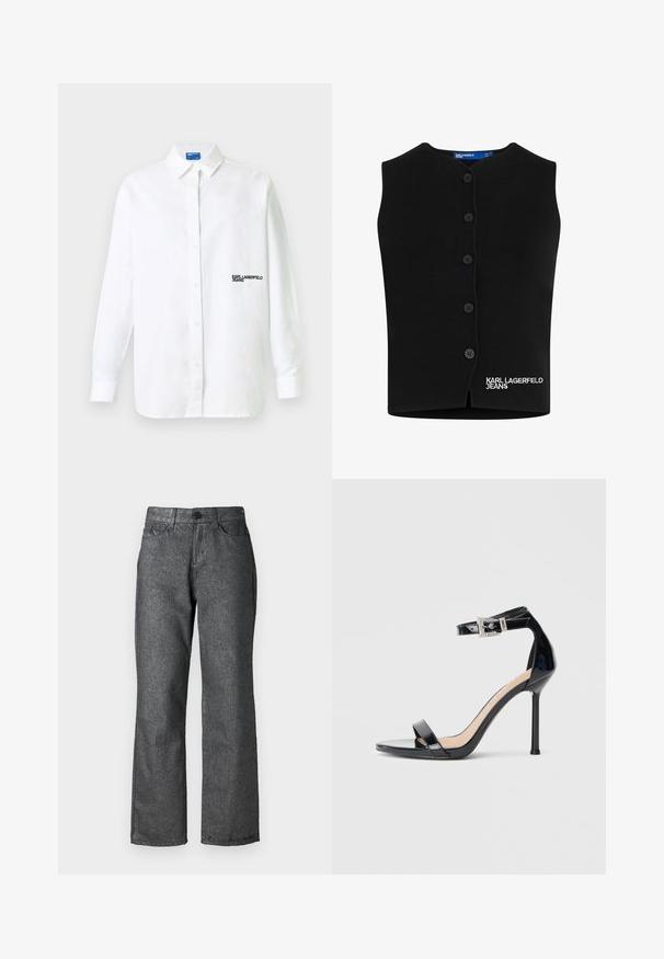 Čierny pletený sveter s oblečeným výstrihom, šiestimi gombíkmi a vyšitým nápisom "KARL LAGERFELD JEANS" v bielej farbe na dolnom ľavom rohu.; Biela košeľa s dlhými rukávmi na zapínanie na gombíky, s golierom a čiernym textovým logom "KARL LAGERFELD JEANS" na ľavej strane hrude.; Sivé džíny z denimu s jemným leskom, priamy strih, päť vreciek, zapínanie na gombík a viditeľné švy.; Čierna vysoká sandála z lakovanej kože s popruhom okolo členka. Vyznačuje sa minimalistickým dizajnom, otvorenou špičkou a prackou zdobenou trblietavými kamienkami.