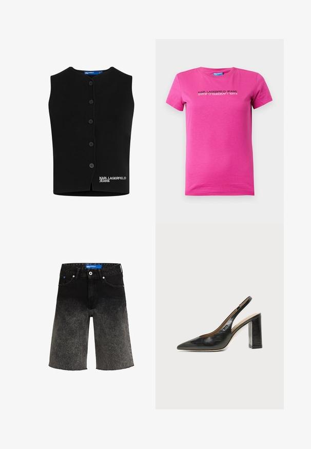 Zwarte gebreide vest met een ronde halslijn, zes knopen en "KARL LAGERFELD JEANS" geborduurd in het wit aan de onderlinkerkant.; Roze katoenen T-shirt met een ronde hals, korte mouwen en een zwart logo ontwerp op de voorkant, met een strak, modern lay-out.; Zwarte denim shorts met een vervaging van donker naar licht. Heeft een rafelrand, twee voorzakken en een blauwe merklabel op de tailleband.; Zwarte leren slingback schoen met spits toelopend neusje, hoge blokhak en beige binnenvoering tegen een effen lichte achtergrond.
