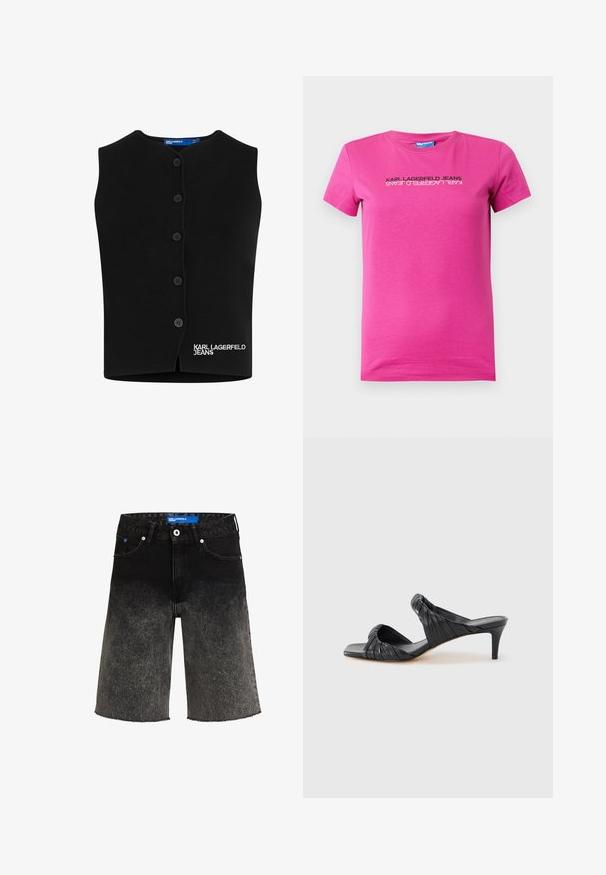 Sort strikket vest med rund halsudskæring, seks knaplukninger og "KARL LAGERFELD JEANS" broderet i hvidt nederst til venstre.; Lyserød bomulds t-shirt med rund halsudskæring, korte ærmer og et trykt logodesign i sort foran, der har et elegant, moderne layout.; Sorte denimshorts med en gradientfade fra mørk til lys. Har en frynset kant, to frontlommer og et mærket blåt label på taljen.; Sorte hælede sandaler med firkantet tå, lavet af glat læder. Har samlet remme og en slank hæl for ekstra højde.