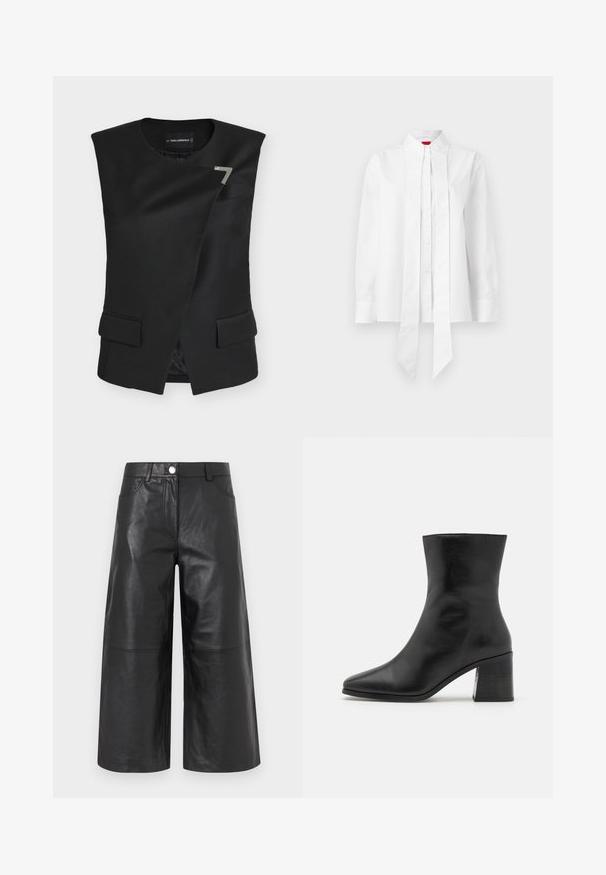 Gilet noir sans manches avec rabat avant asymétrique, deux poches avant et une épingle décorative argentée près de l'encolure.; Chemise blanche en mélange de coton, avec un col haut, un devant plissé, des manches longues et un détail noué à l'ourlet. Texture lisse.; Culottes en cuir noir avec une coupe à jambes larges, poches frontales apparentes, fermeture par boutons et texture lisse et brillante.; Bottines en cuir noir, bout pointu, texture lisse, talon bloc de hauteur intermédiaire, design minimaliste et finitions cousues le long du col.