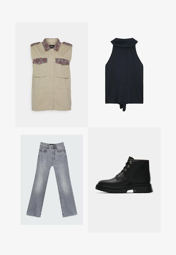 ONLY ONLLILLIAN UTILITY WAISTCOAT - Vest - mermaid; Sort strikket ærmeløs top med høj foldet hals og små snore, der hænger på bagkanten.; Gråvaskede jeans med lige ben, frontknap, lynlås og fem-lommers design lagt fladt på en lys baggrund.; Sort læder ankelstøvle med rund tå, guldøjer og tekstureret sål. Har polstret krave og et karakteristisk logo på siden.