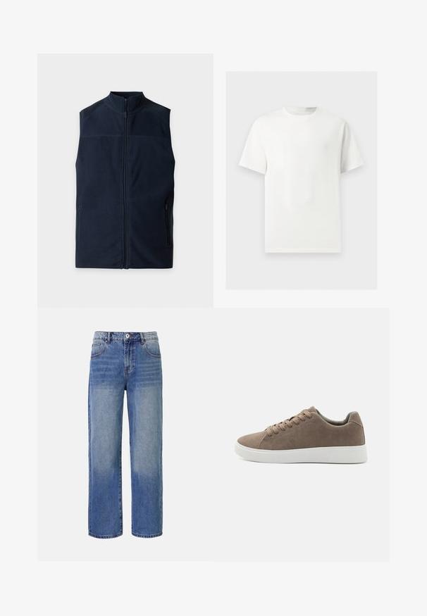 Chaleco sin mangas de forro polar azul marino oscuro con cremallera frontal y bolsillos laterales con cremallera, mostrado sobre un fondo claro liso.; Camiseta blanca lisa de manga corta y cuello redondo mostrada sobre un fondo gris claro.; Jeans de mezclilla de pierna ancha en azul claro con un patrón de desvanecimiento, cinco bolsillos y cierre de cremallera. Presenta un botón y passadores para el cinturón en la cintura.; Zapatillas de ante marrón con suelas de goma blanca planas, diseño de cordones, punta redondeada y una textura suave. Estilo minimalista con sutiles detalles de costura.