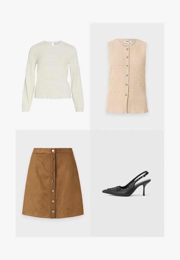 Blouse beige texturée sans manches avec encolure ronde et rangée frontale de six boutons, étiquette "ONLY" au col.; Blouse blanche texturée à manches longues avec col rond, légère fermeture par bouton avec ouverture en forme de trou à l'arrière et détails subtils de tissu froncé.; Jupe trapèze en daim marron avec une fermeture à boutons sur le devant, munie de boutons en métal argenté et d'une texture lisse.; Escarpin en cuir noir à talon aiguille avec un bout pointu, une bride latérale à boucle, des clous le long du bord et un laçage décoratif à l'avant.