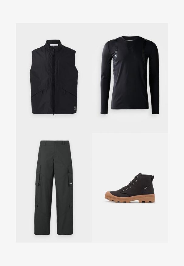 Gilet sans manches noir en matériau léger et résistant à l'eau, avec un col montant, une fermeture éclair à l'avant et des poches latérales inclinées.; T-shirt de sport à manches longues noir en tissu lisse et extensible. Présente des accents noirs brillants sur les épaules et un logo Adidas sur la poitrine.; Pantalons cargo noirs à jambes droites avec poches latérales à rabat, fermeture à bouton, passants de ceinture et petit logo blanc sur le rabat de la poche droite.; Bottes de cheville en toile noire avec semelles en caoutchouc marron, dotées d'œillets en métal, d'un design à lacets et d'une surface texturée.