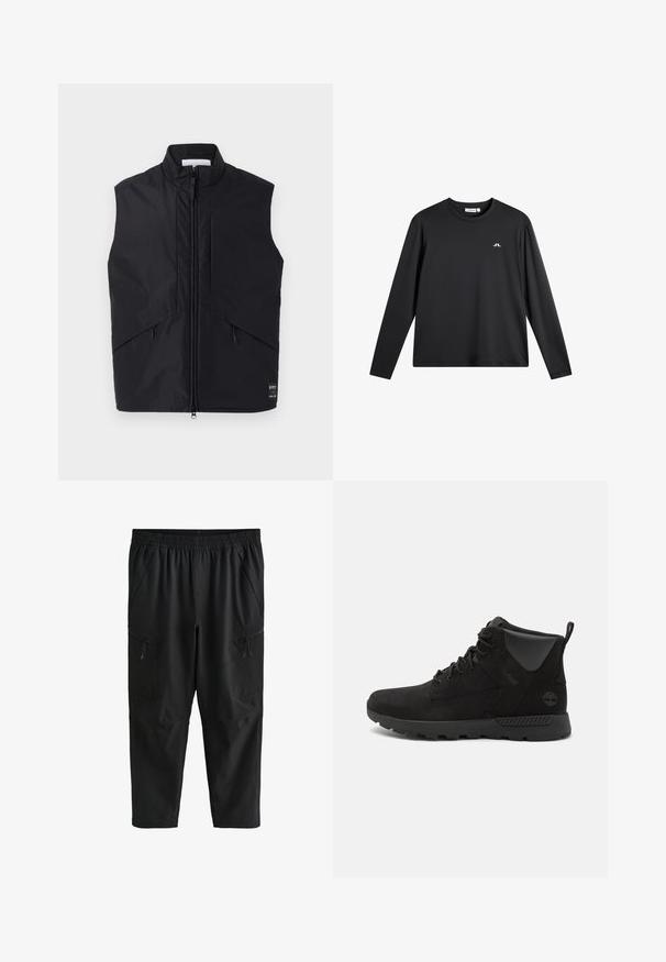 Schwarze ärmellose Weste aus leichtem, wasserabweisendem Material, mit hohem Kragen, Frontreißverschluss und schrägen Seitentaschen.; Schwarzes Langarmshirt mit Rundhalsausschnitt und kleinem weißen stilisiertem Logo auf der linken Brust, dargestellt auf weißem Hintergrund.; Schwarze Hosen mit elastischem Bund, seitlichen Reißverschlusstaschen und lockerer Passform, für Freizeit- oder Sportbekleidung konzipiert.; Schwarze High-Top-Stiefel aus Wildleder und synthetischen Materialien, mit einer strukturierten Oberfläche, Schnürdesign und Gummisohle mit Grip.