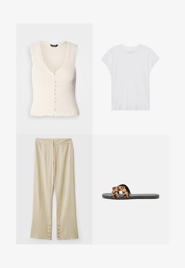 Gilet en tricot sans manches blanc avec un col en V et un tissu texturé. Il présente une fermeture à bouton avec des boutons ronds de couleur claire.; T-shirt blanc à manches courtes, col rond, coupe décontractée, en tissu de coton doux. Texture lisse, sans motifs ni logos.; Pantalon beige à jambes larges en tissu texturé, avec une ceinture lisse et des détails à boutons à l'ourlet.; Sandale à motif léopard avec un design à lanières croisées, semelle noire, texture lisse et matériau doux, idéale pour un usage décontracté.