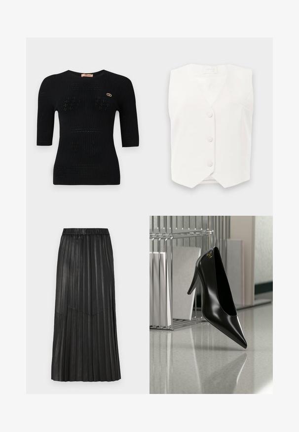 Chaleco blanco sin mangas con escote en V, cinco botones y un pequeño bolsillo en el pecho izquierdo. Textura suave y diseño estructurado.; Top de punto acanalado negro con mangas cortas, que presenta patrones sutiles y un acento de logotipo dorado cerca del escote.; Falda plisada negra hecha de material sintético con una cinturilla elástica y plisados verticales, que presenta un detalle de costura en forma de V en la parte delantera.; Zapato de tacón alto negro con punta afilada y logo dorado, colocado sobre una superficie reflectante cerca de un organizador de archivos de alambre cromado con documentos.