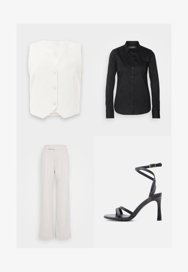 Weißes ärmelloses Vest mit V-Ausschnitt, fünf Knöpfen und einer kleinen Brusttasche links. Glatte Textur und strukturierte Gestaltung.; Mos Mosh TILDA SHIRT - Hemdbluse - black; Weite Hosen aus hellbeige Stoff mit einem enganliegenden Bund, vorderen Falten und einer glatten Textur. Lässiges Design, ohne sichtbare Muster oder Beschläge.; Schwarze Sandaletten mit hohem Absatz und schlankem Design, ausgestattet mit zwei schmalen Riemen über den Zehen und einem gekreuzten Knöchelriemen mit Schnalle.