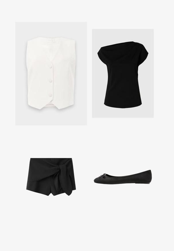 Gilet sans manches blanc avec un décolleté en V, cinq boutons et une petite poche sur la poitrine gauche. Texture lisse et design structuré.; Haut à manches courtes pour femme noire avec large encolure bateau et taille ajustée, présenté sur un fond gris clair uni.; Short noir taille haute avec détail en tissu superposé et grand nœud noué sur le côté droit devant.; Ballerines en daim noir avec un bout arrondi, ornées d'un nœud décoratif à l'avant et d'une semelle plate. Texture lisse et forme classique.