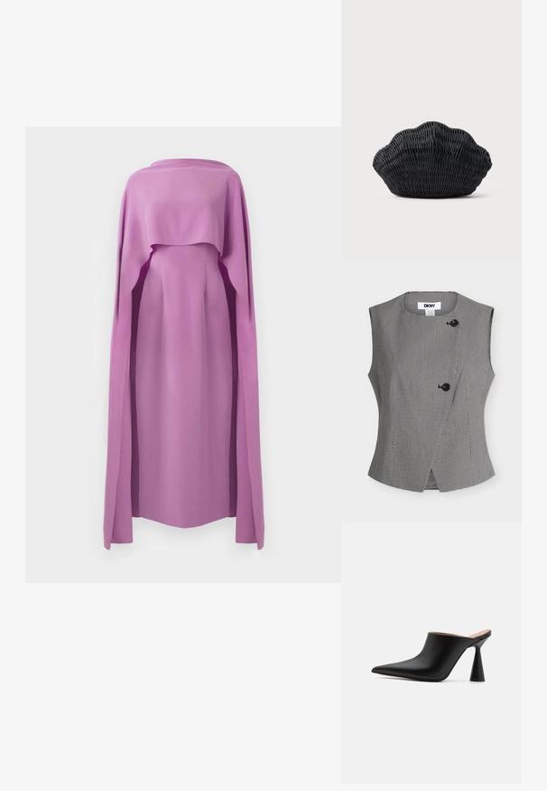 Gilet sans manches pied-de-poule noir et blanc avec deux boutons noirs et un col rond, étiqueté DKNY à l'intérieur du col.; Robe à manches longues en tissu lilas uni, avec un superposition fluide semblable à une cape, présentant un col rond et une silhouette ajustée.; Mules en cuir noir avec un bout pointu et un talon conique unique. Texture lisse et design minimaliste, à dos ouvert pour un enfilage facile.; Sac à main en osier noir en forme de coquille Saint-Jacques avec un dessus courbé et une texture tressée sur un fond uni.